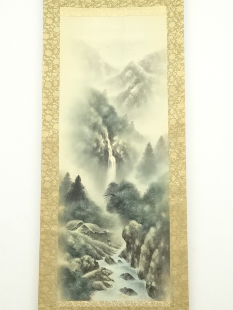 値下げ、ＮＯ２彩色夏景　掛軸山水図　紫峰作絹本肉筆【極上品】共箱 値下げ、NO2彩色夏景 掛軸山水図 紫峰作絹本肉筆【極上品】共